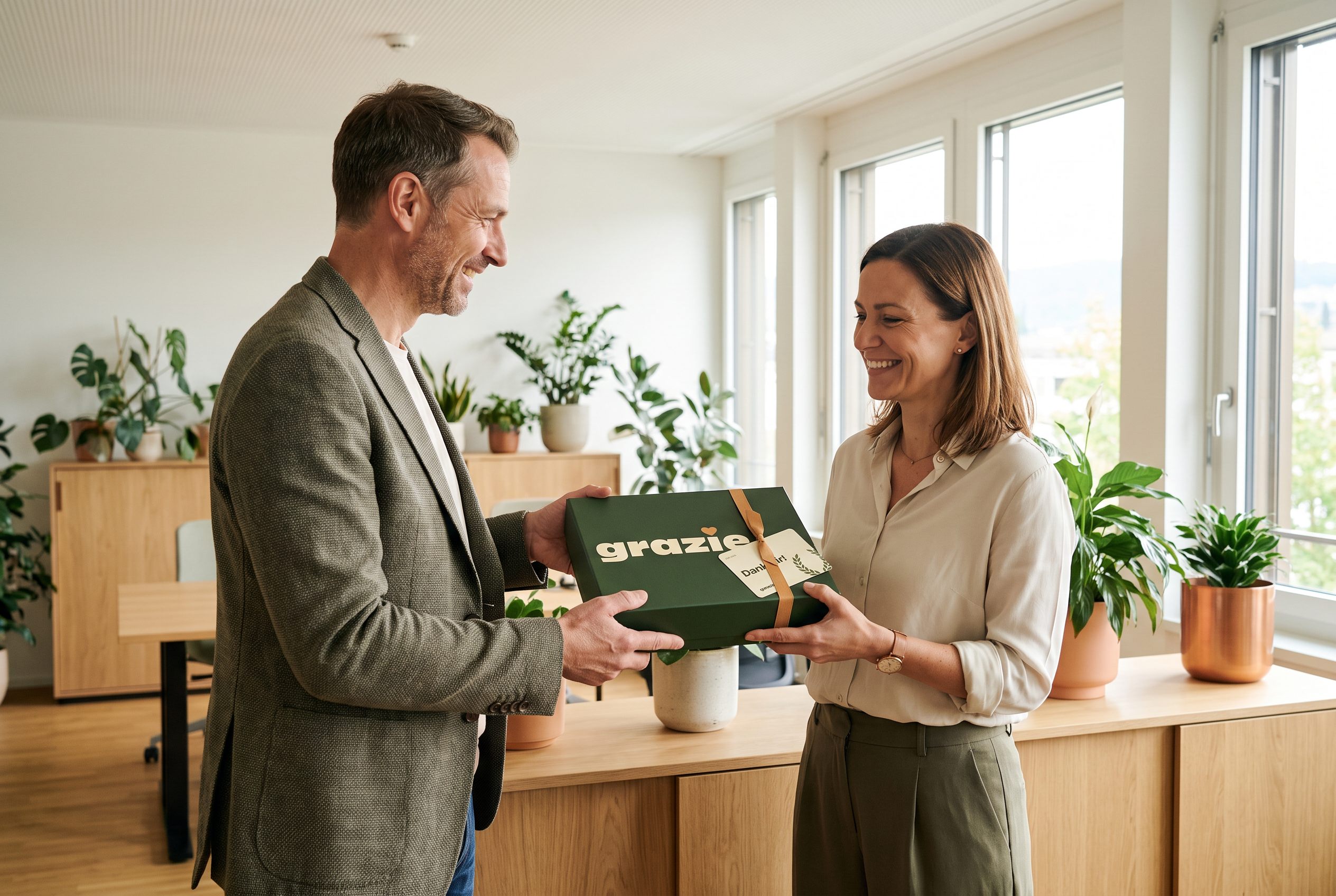 Übergabe einer grazie Geschenkschachtel im Büro