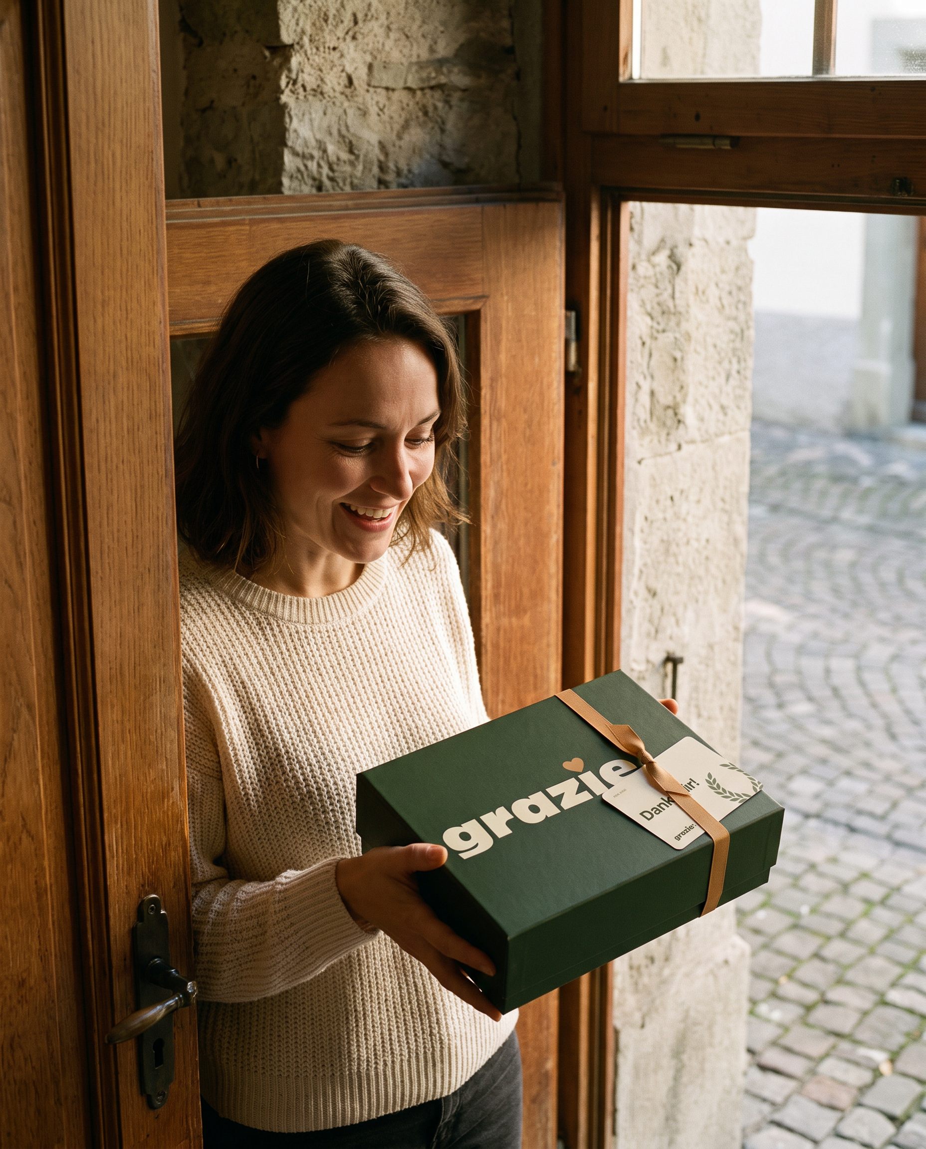 Frau freut sich an der Haustür über eine grazie Geschenkschachtel