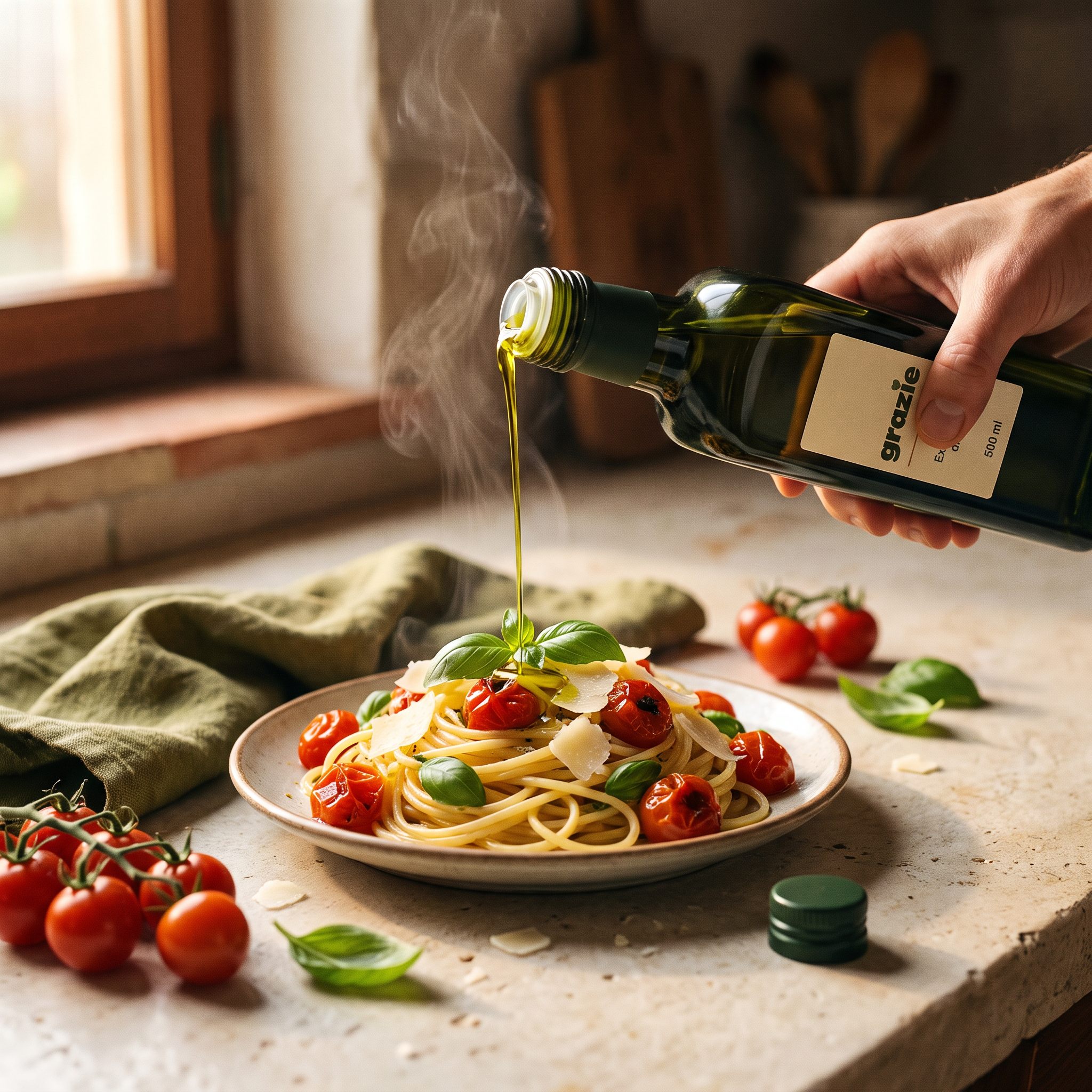 grazie Olivenöl wird über Spaghetti mit Tomaten geträufelt