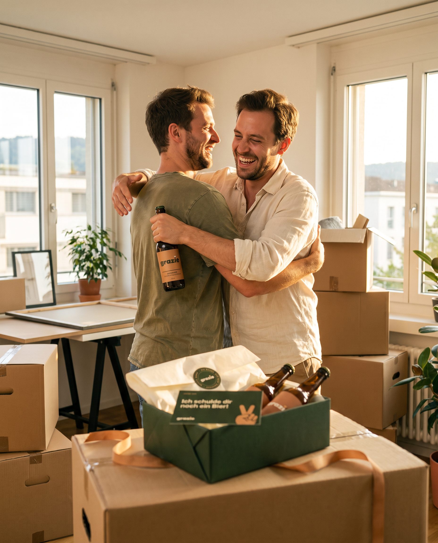 Zwei Freunde umarmen sich nach dem Umzug, einer hält ein grazie Craft Bier